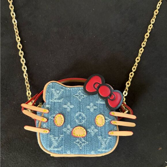 Hello kitty upcycled Louis Vuitton Denim Crossbody Bag with Chain - Picture 3 of 10